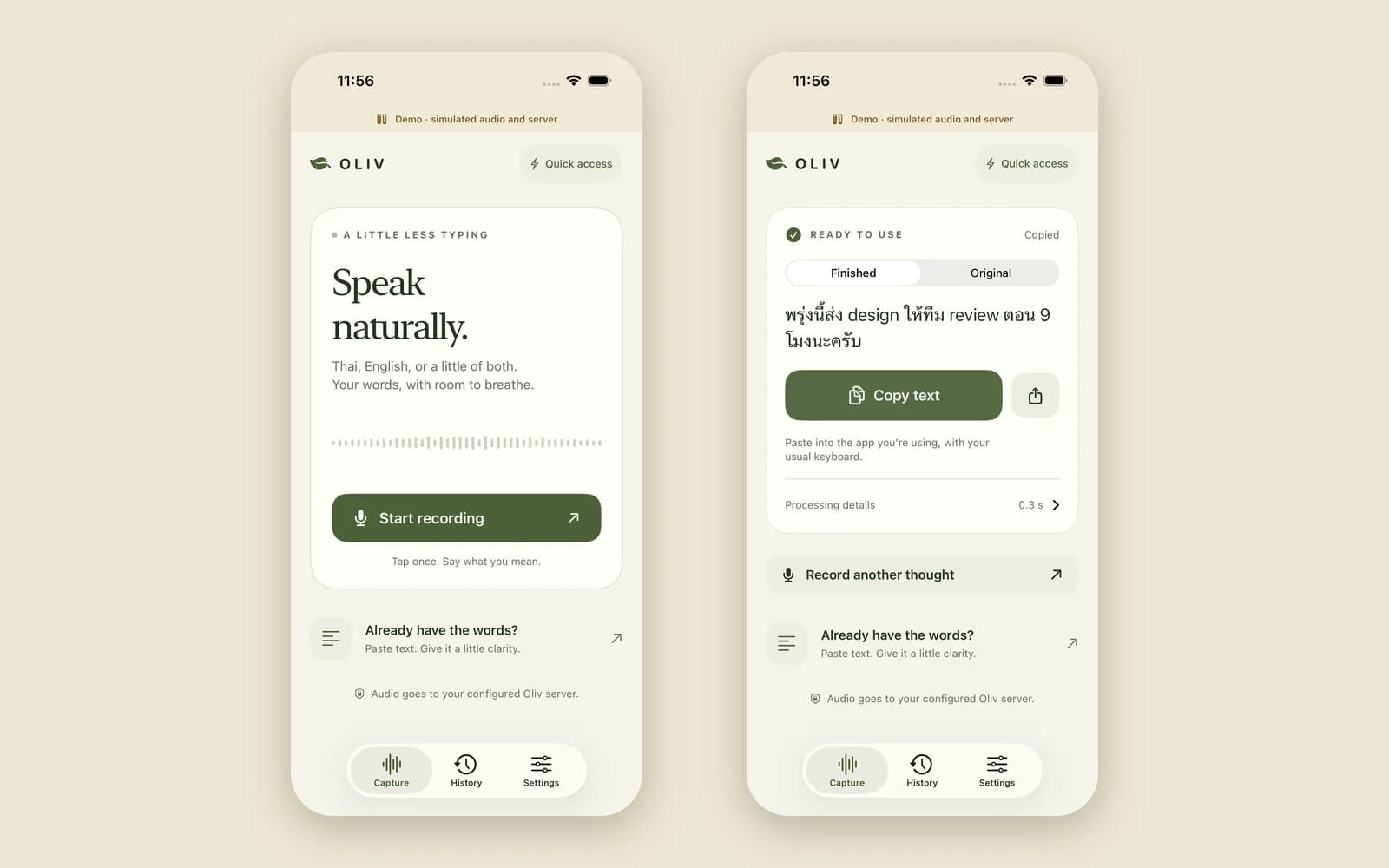 Two OLIV iPhone screens in demo mode: a “Speak naturally.” screen with a Start recording button, and a result card with Thai text containing the English words “design” and “review”, plus a Copy text button.