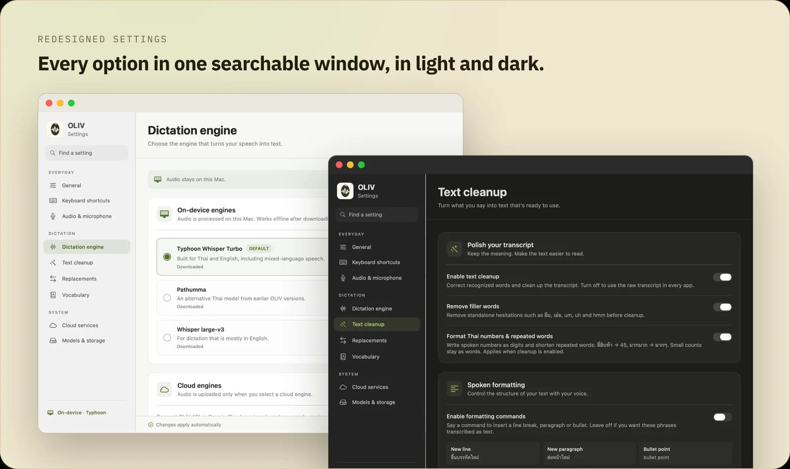 OLIV's Mac settings window in light and dark mode: dictation-engine choices (Typhoon Whisper Turbo by default, Pathumma, Whisper large-v3) and text-cleanup toggles.