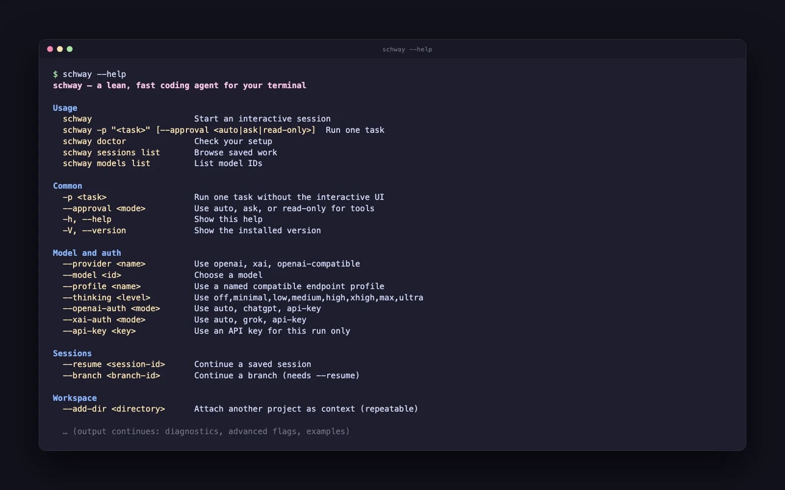 Output of "schway --help" in a dark terminal window: usage, common flags, model and auth options, sessions and workspace flags.
